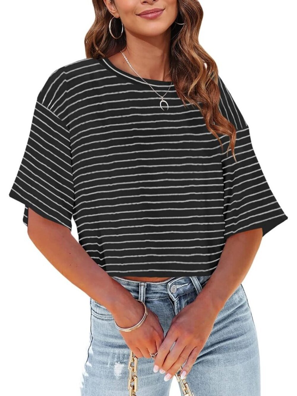 Women's Black Crew Neck Half Sleeves Loose Fit Casual Pull On Basic Tees Shirts